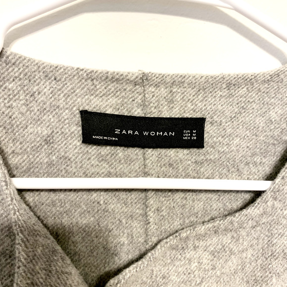 ZARA Coat Women M Gray Wool Blend Double Breasted Unlined Coat Botton Patches - Picture 2 of 3